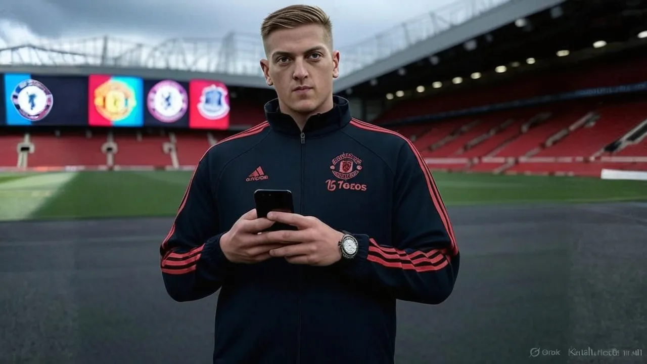 A golden-hour moment of stillness captures Delap holding the future in his phone, as logos and time pressure circle.