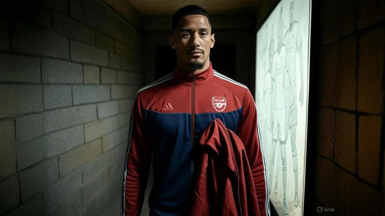 Mismatched boots become a silent metaphor as Saliba stands at the edge of identity and ambition.