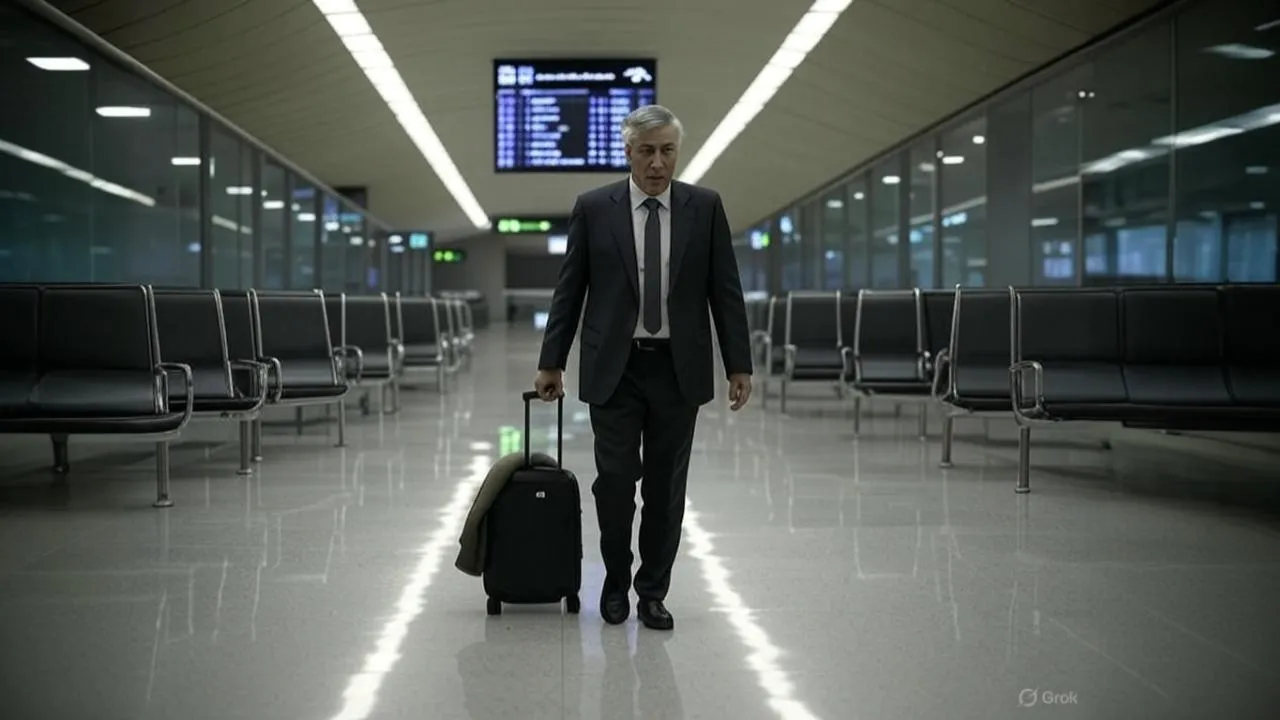 A frayed luggage tag on Ancelotti’s suitcase captures the unspoken weight of a quiet exit.