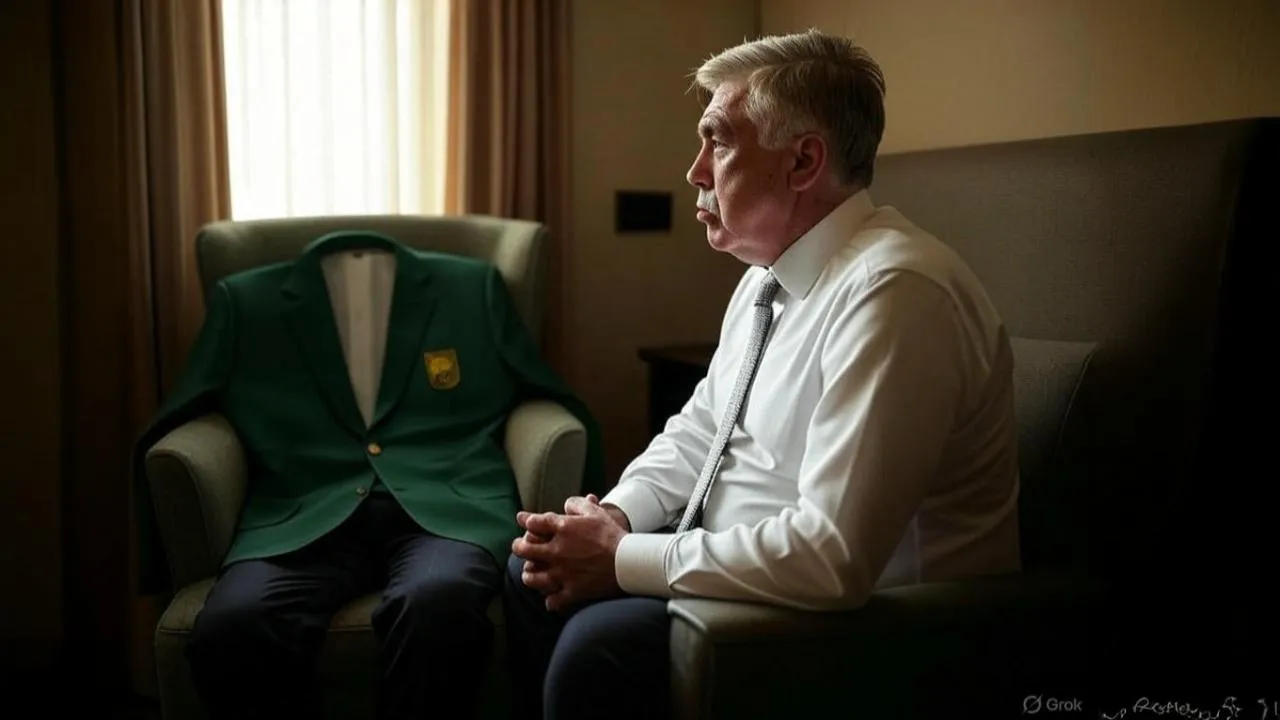An untouched blazer beside Ancelotti’s seat mirrors a transition still waiting to be worn.