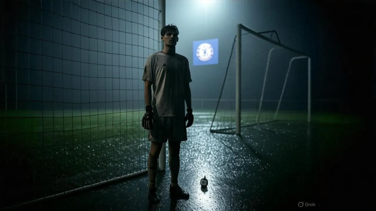 A paused stopwatch beside the net reflects the suspended fate of Chelsea’s £51 million pursuit