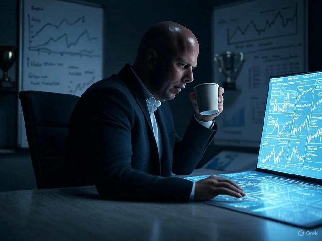 A glowing data screen and flickering trophy reflect the invisible strain behind Liverpool’s financial surge.