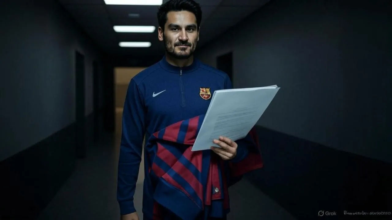  A crumpled folder and unzipped jacket reflect Gündoğan’s quiet, unresolved exit from Barcelona.