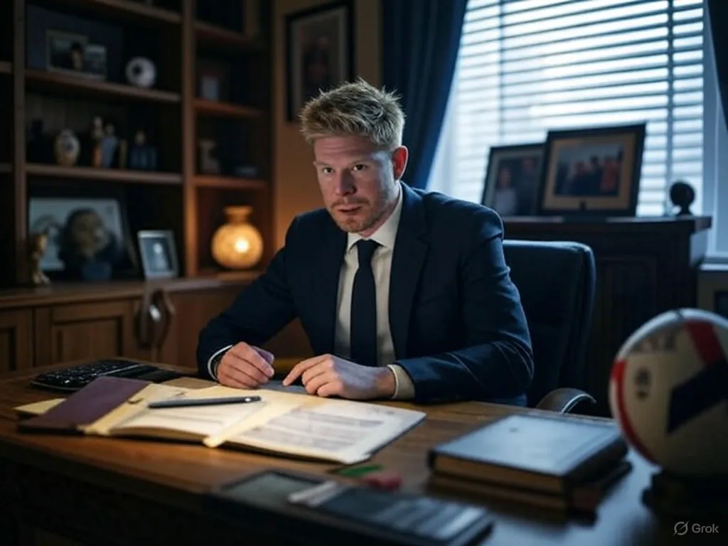 A framed photo beside a coaching notebook echoes De Bruyne’s quiet shift from command to counsel.
