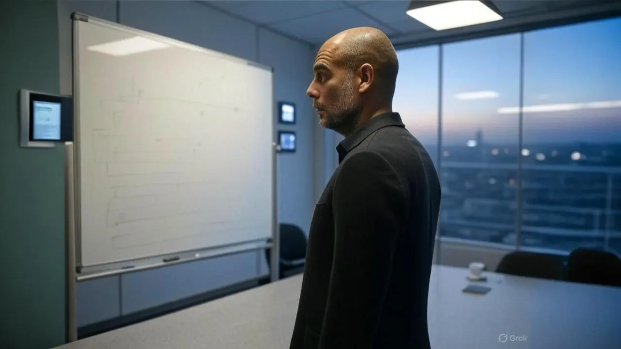 Faint tactical lines echo Guardiola’s dilemma — the system persists, but conviction flickers in the mirror.
