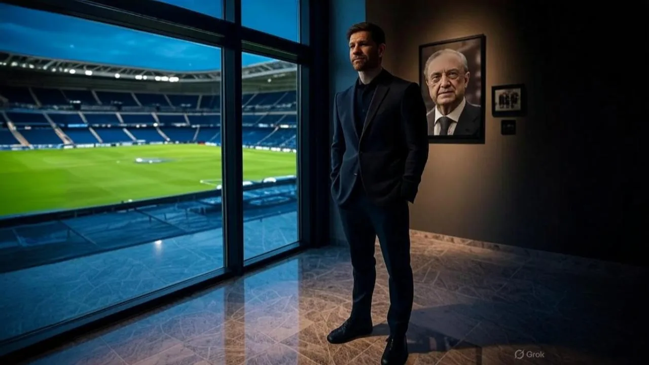 A half-lit portrait of Florentino Pérez echoes Madrid’s silent courtship as Alonso weighs his legacy.