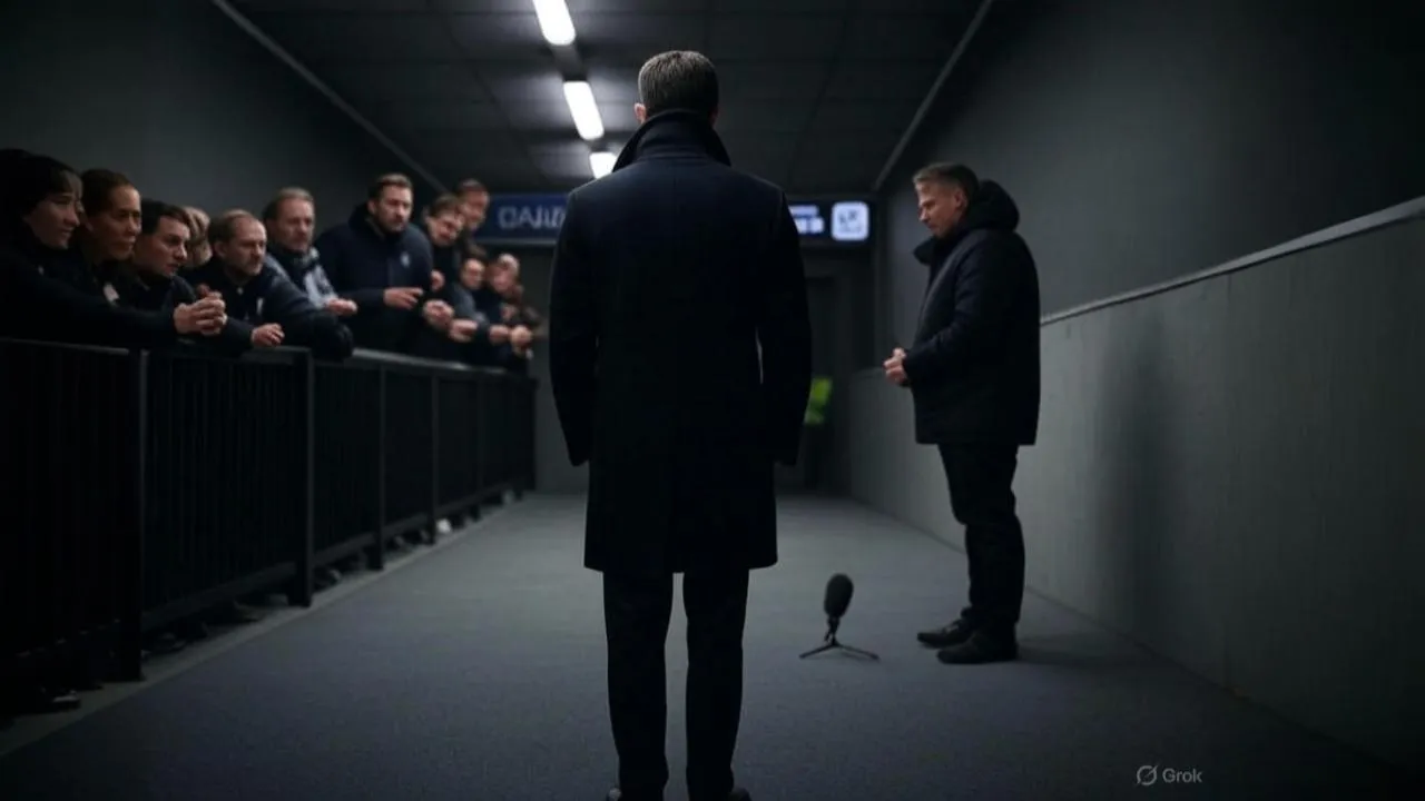 An unplugged mic beneath fluorescent light captures the weight of Alonso’s deliberate refusal to speak.