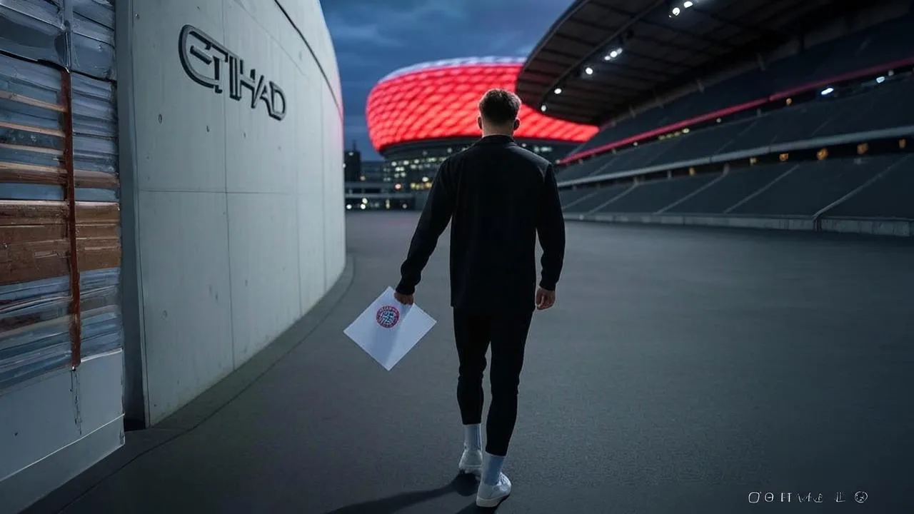 A half-open stadium door fades behind Wirtz, whose grip on Bayern's crest signals the choice already made.