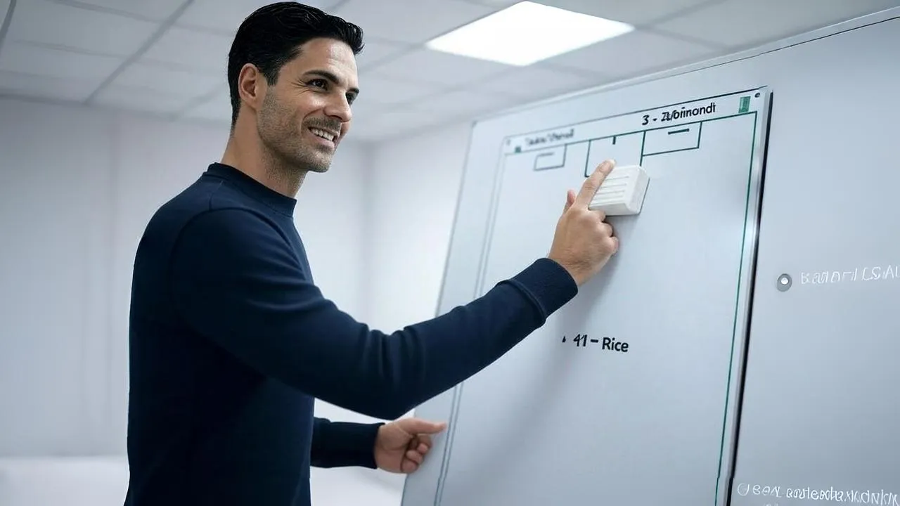  A glowing tactic board unites Zubimendi and Rice — a manager’s fingertip framing the system before the signal.
