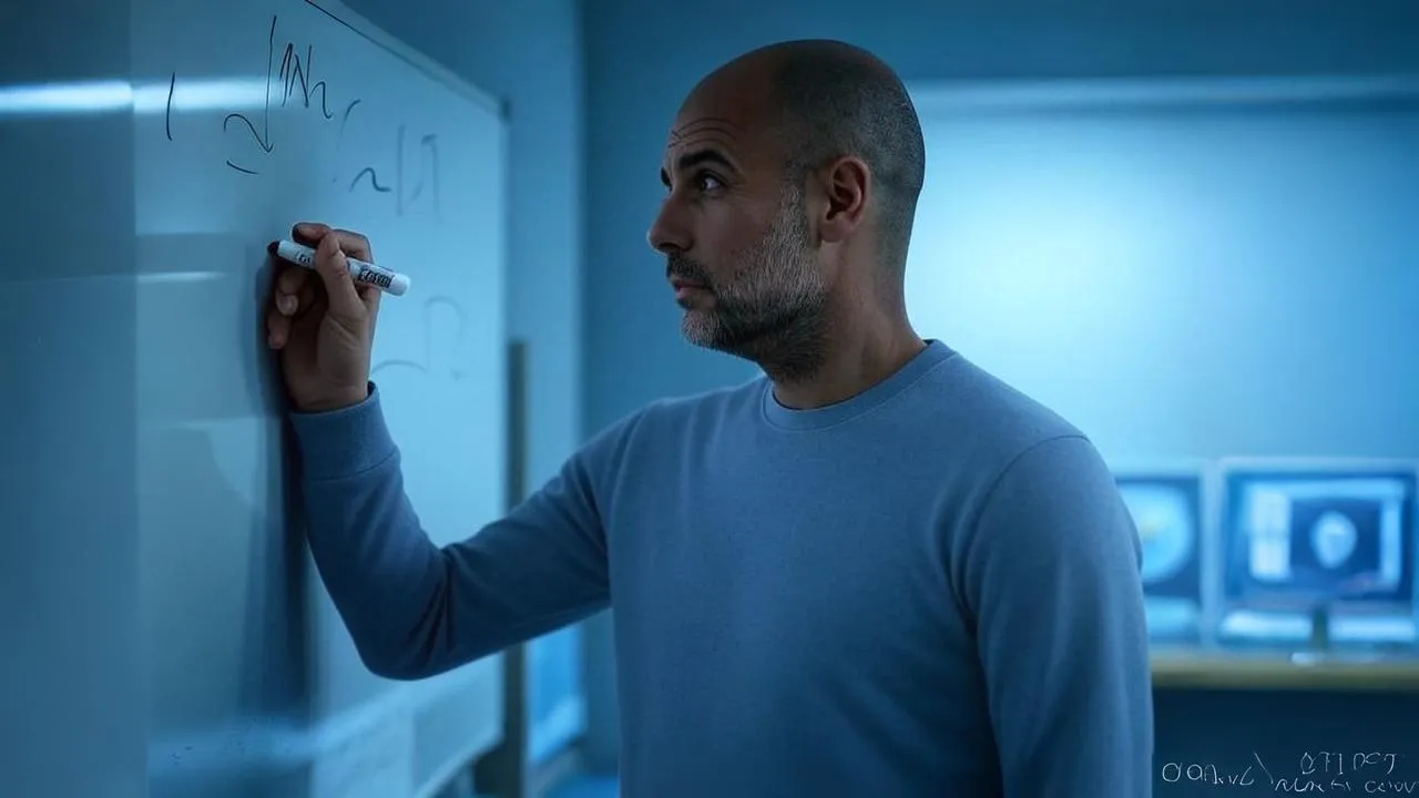 A whiteboard half-erased becomes Guardiola’s canvas of reinvention, framed by the void De Bruyne leaves behind.