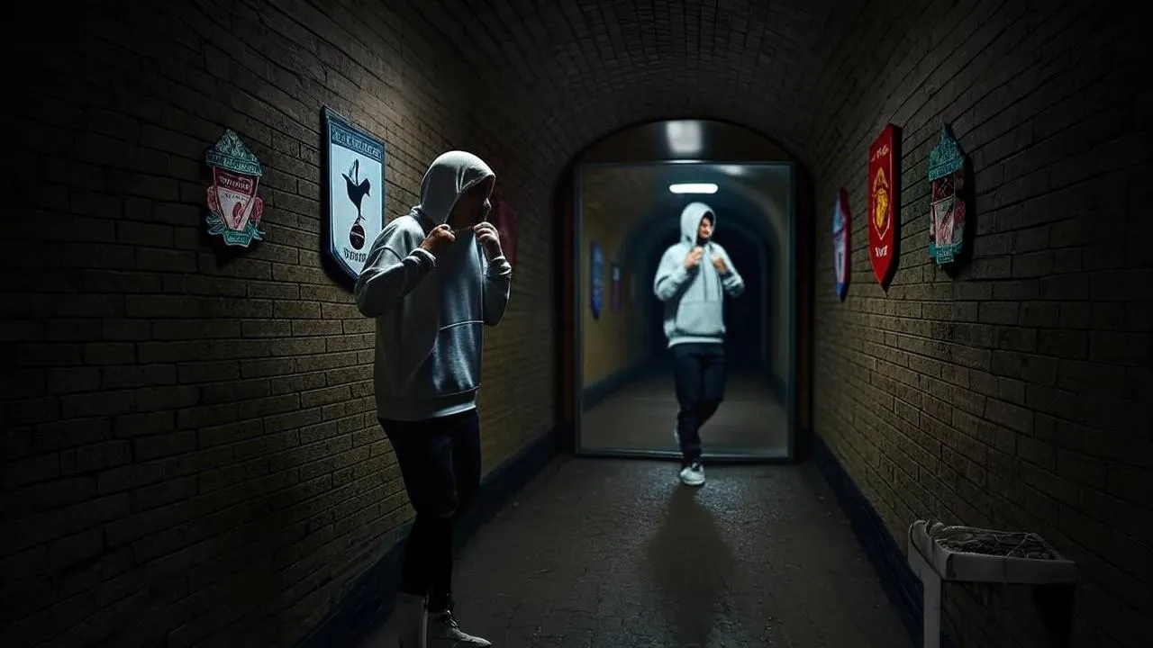 Faded logos and a glowing reflection trace the uncertain path from potential to Premier League.