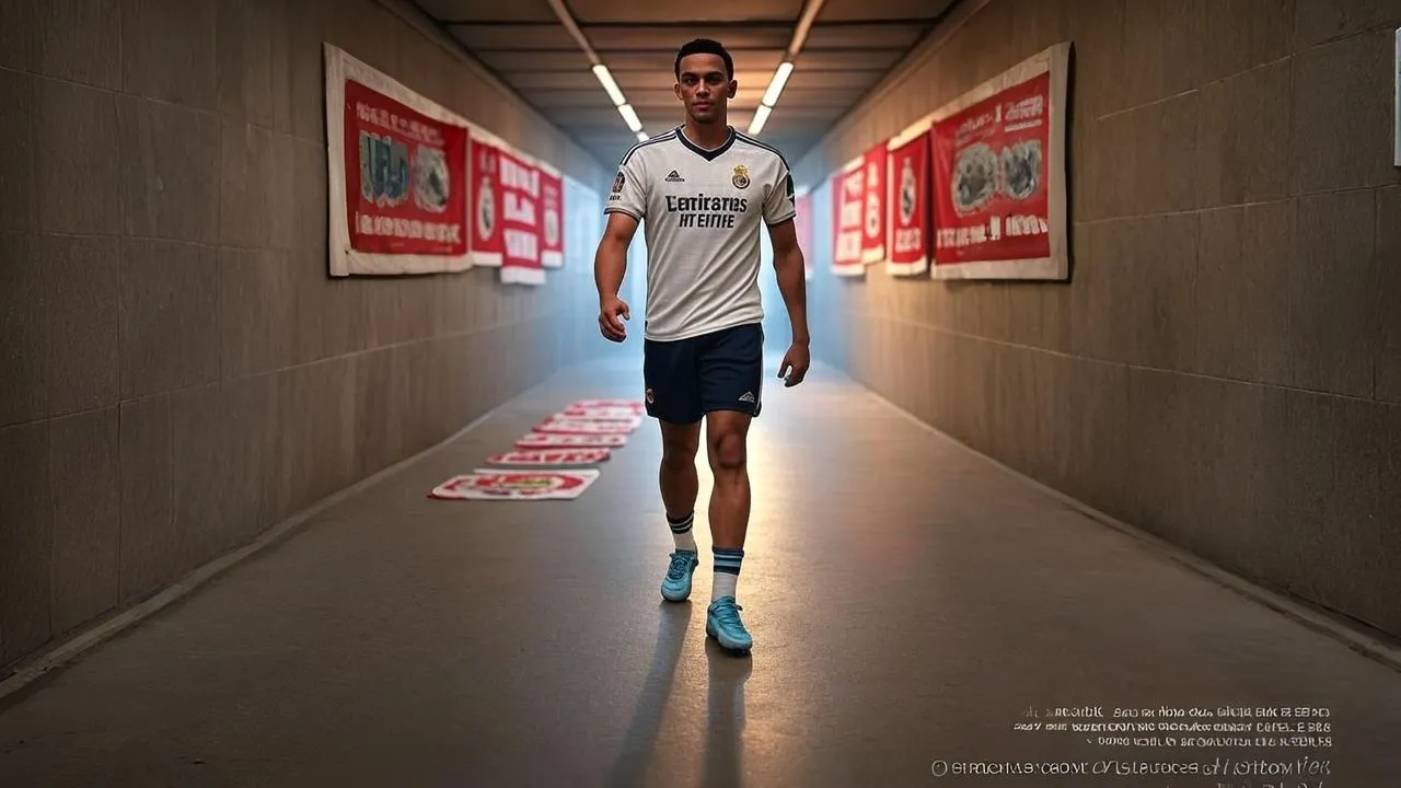Faded Liverpool scarves frame Alexander-Arnold’s confident walk toward his new Real Madrid adventure.