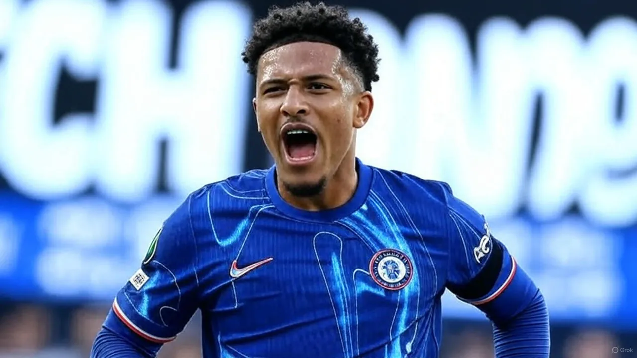 Sancho’s passionate celebration starkly contrasts with the ominous headline behind, framing his uncertain Chelsea future.