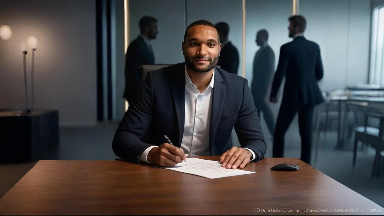 Blurred anxious figures behind Tah’s serene signing symbolize Bayern’s strategic patience versus rival clubs’ financial urgency.