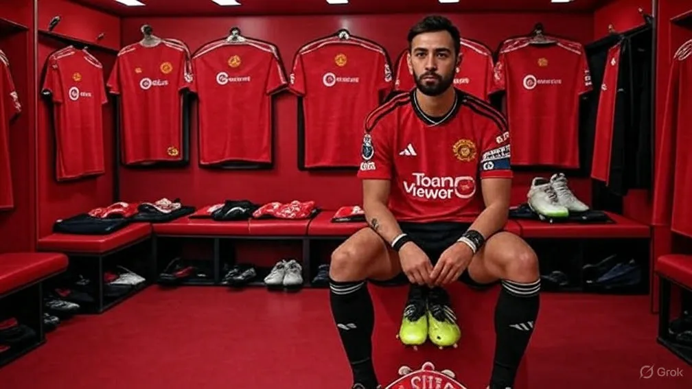 An unfastened armband beside Fernandes evokes a club stripped of its axis — a captain before detachment.
