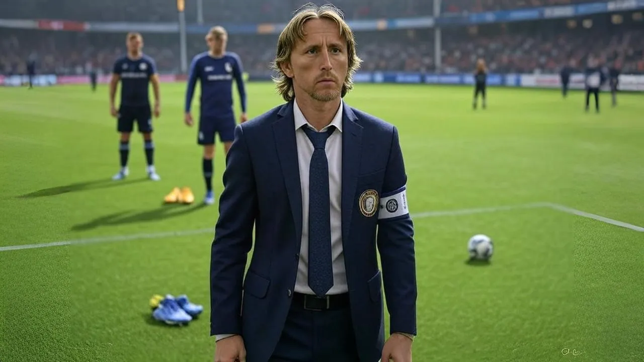 A motionless figure on a neutral pitch captures Modrić’s pause before one final meaningful choice.
