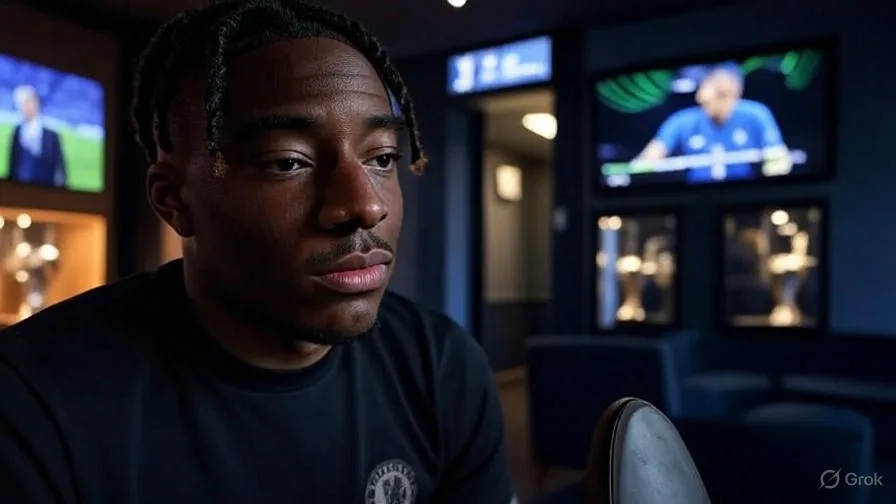 A half-laced boot and fading screen replay embody the quiet anxiety of a winger’s crossroads.