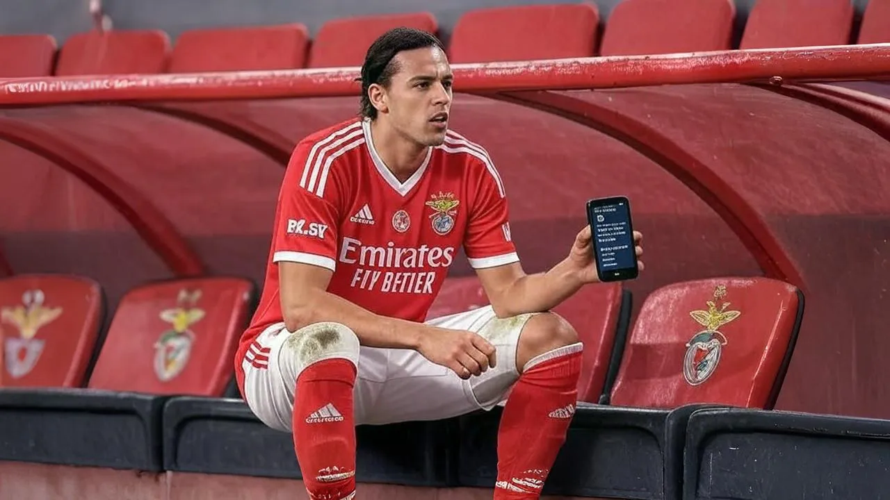 A glowing phone screen in Benfica red becomes the pivot between silence and spotlight for Álvaro Carreras.