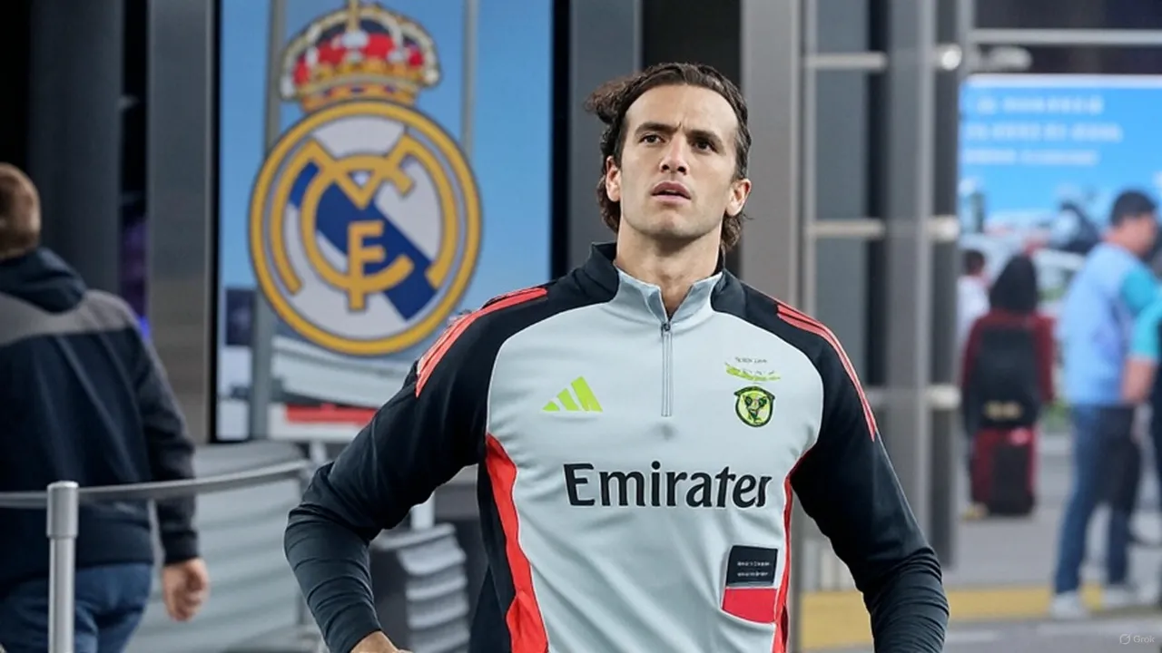 Carreras walks past glass that reflects Madrid’s crest — his future visible before the flight has begun.