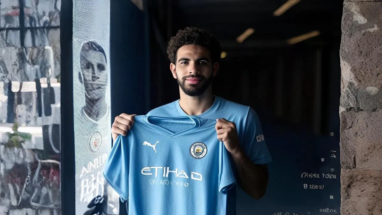 Aït-Nouri holds City’s shirt unworn — framed by flickering ghosts of past left-backs, the moment becomes one of quiet reckoning.