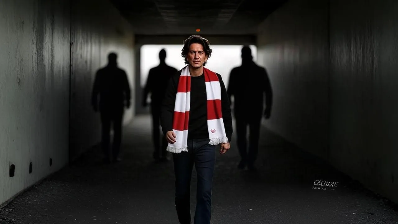 A slipping Brentford scarf in a tunnel silhouette echoes the tension between past allegiance and future ascent.