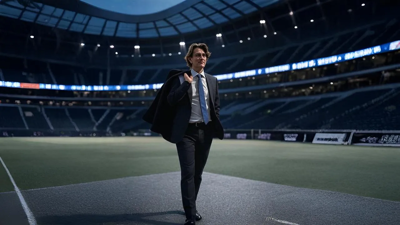 A flickering “NEW ERA” sign behind him underscores the fragile weight of expectation at Tottenham.