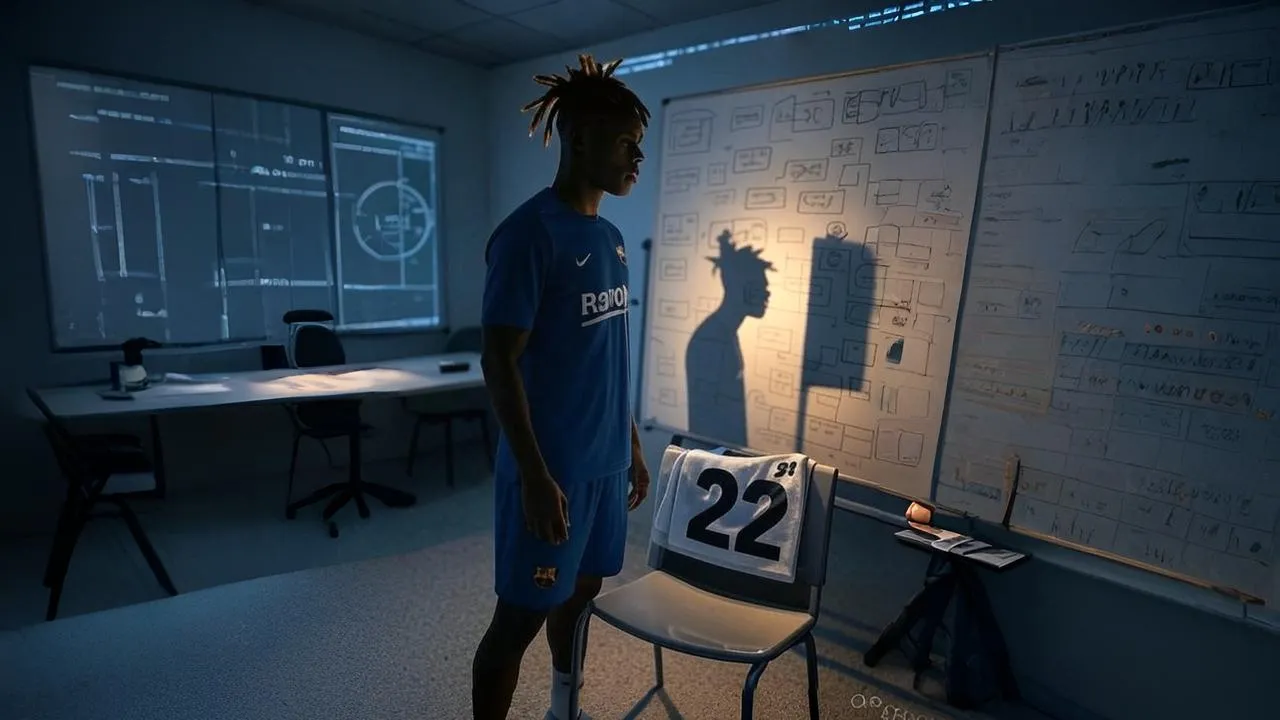  A player caught between whiteboard plans and floodlit reality — Barcelona’s right wing waits to be filled