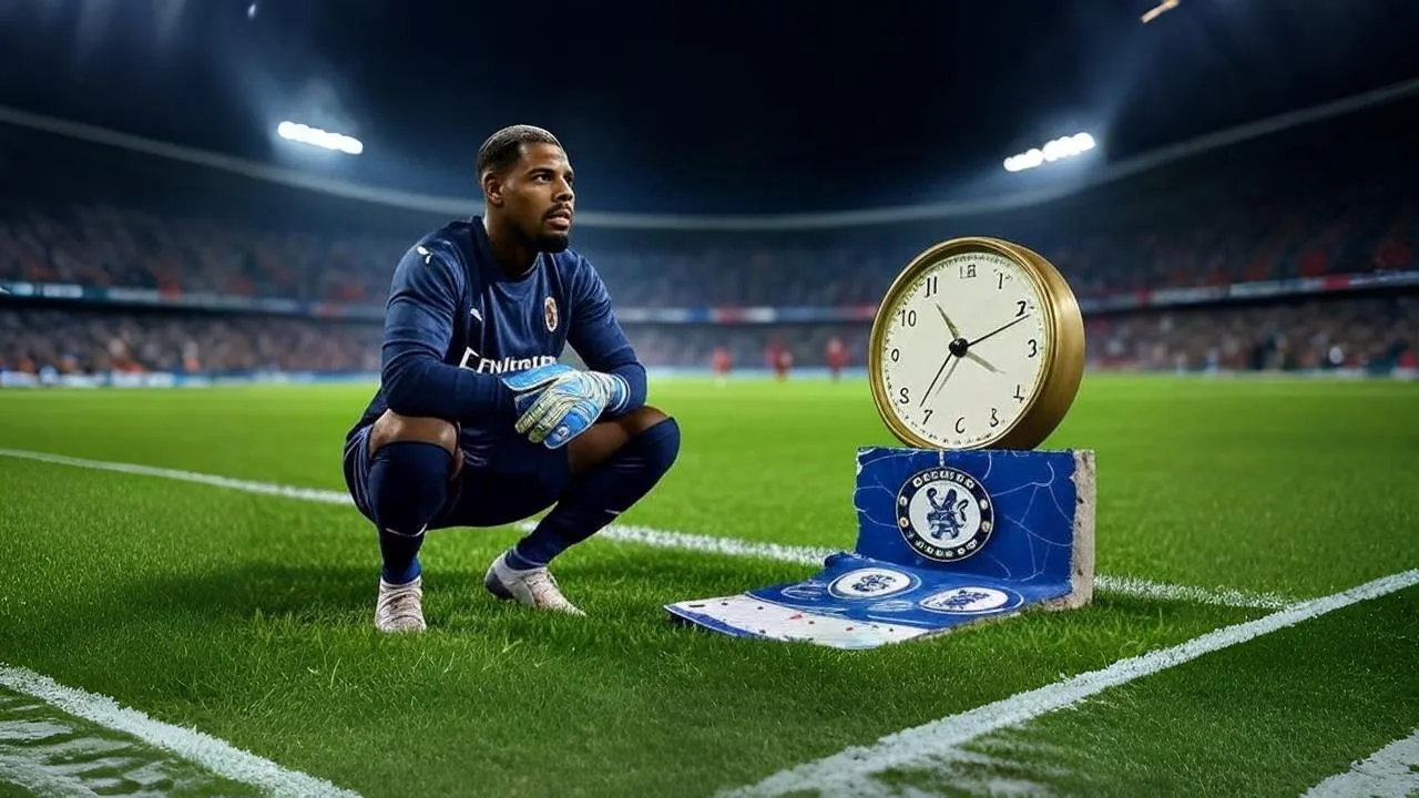  A frozen clock and torn Chelsea page echo the silence before Maignan’s next move.