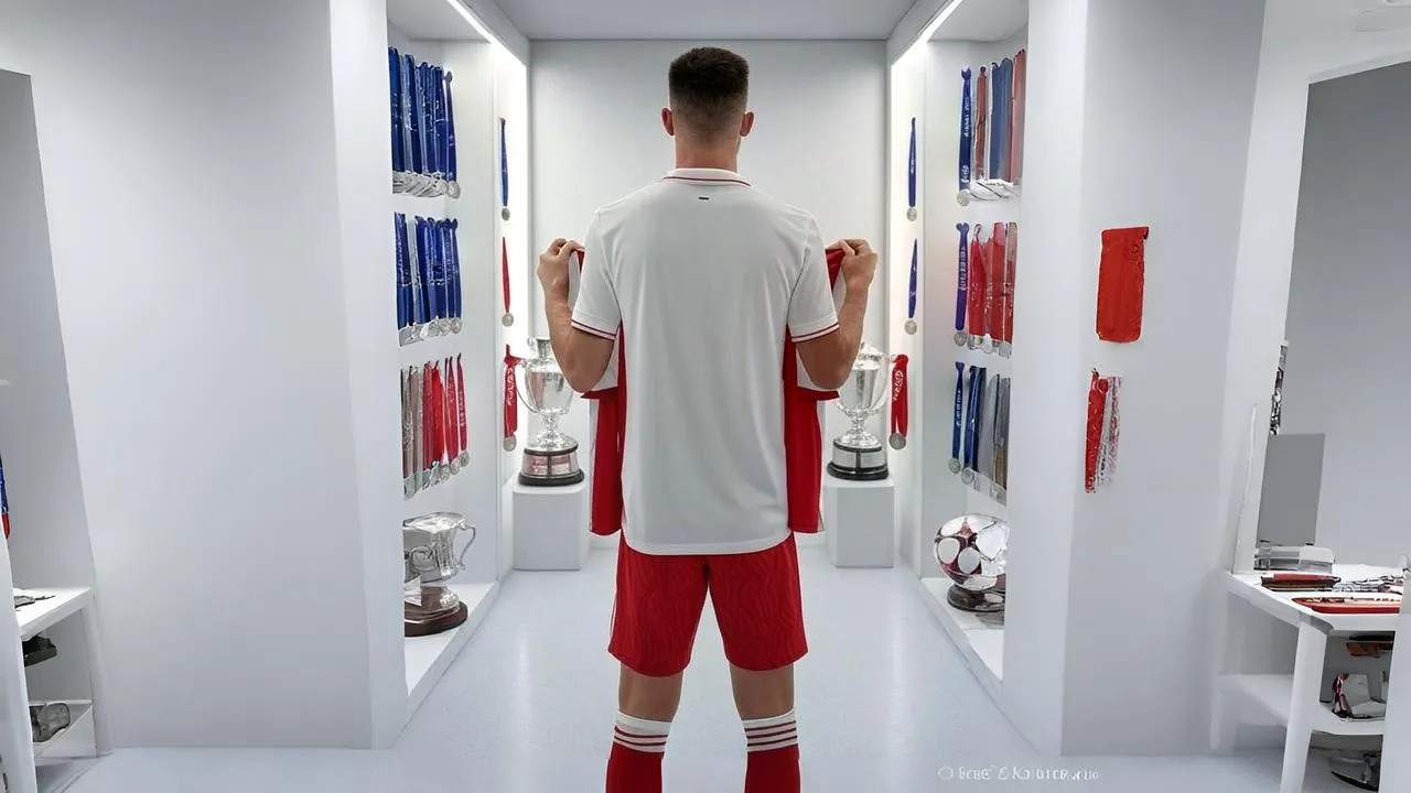 A new jersey hangs beside old trophies, echoing a quiet reckoning between legacy and reinvention.
