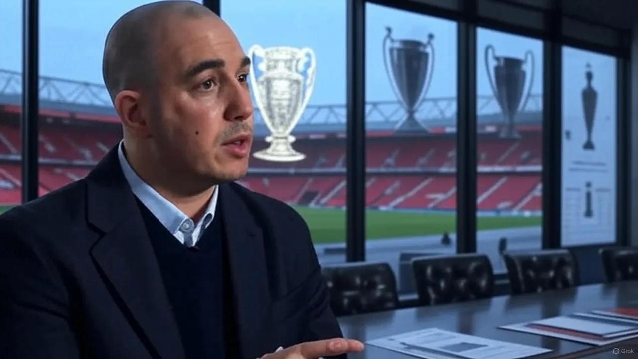 A distant trophy reflection in the boardroom window captures Berrada’s belief in improbable ambition.