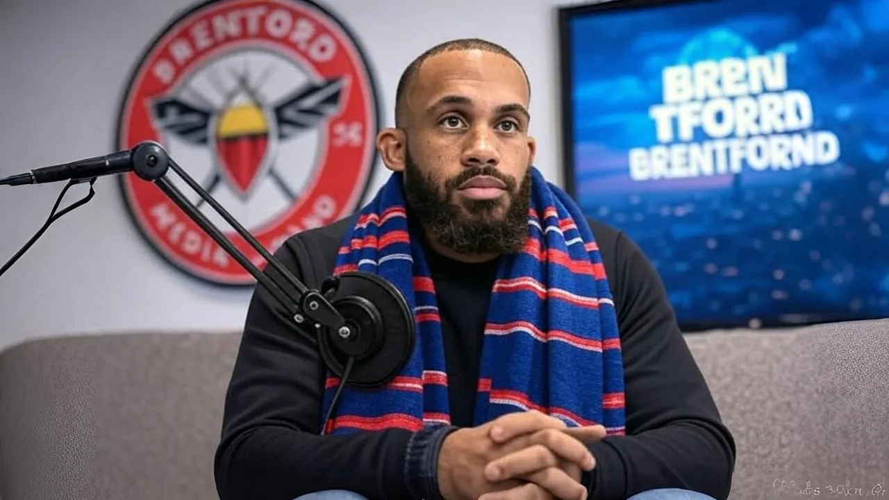 A clenched scarf beneath the Brentford badge reveals the inner strain behind a composed exterior.